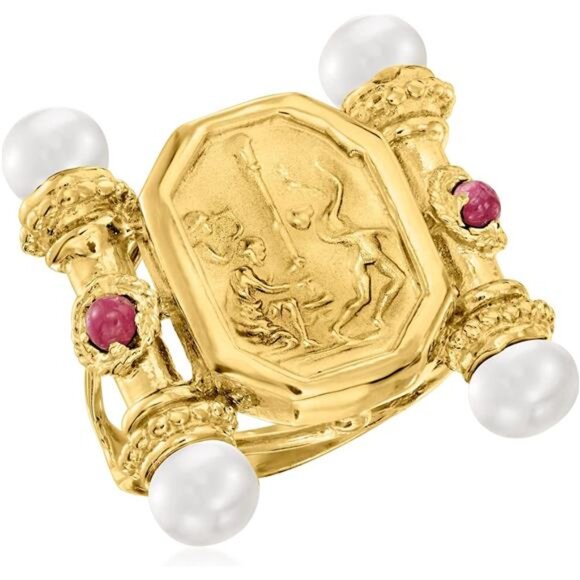 18kt Gold Over Sterling Silver Ruby & Pearl Ring – Italian Crafted - Picture 4 of 5